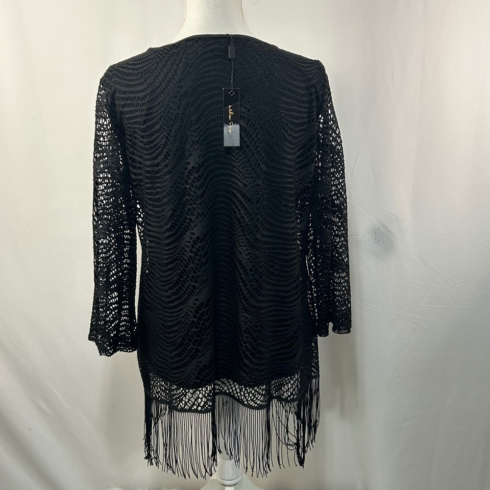Melissa Paige Black Crochet Fringe Tunic Top Cover Up Long Sleeve Women's L - Picture 6 of 10